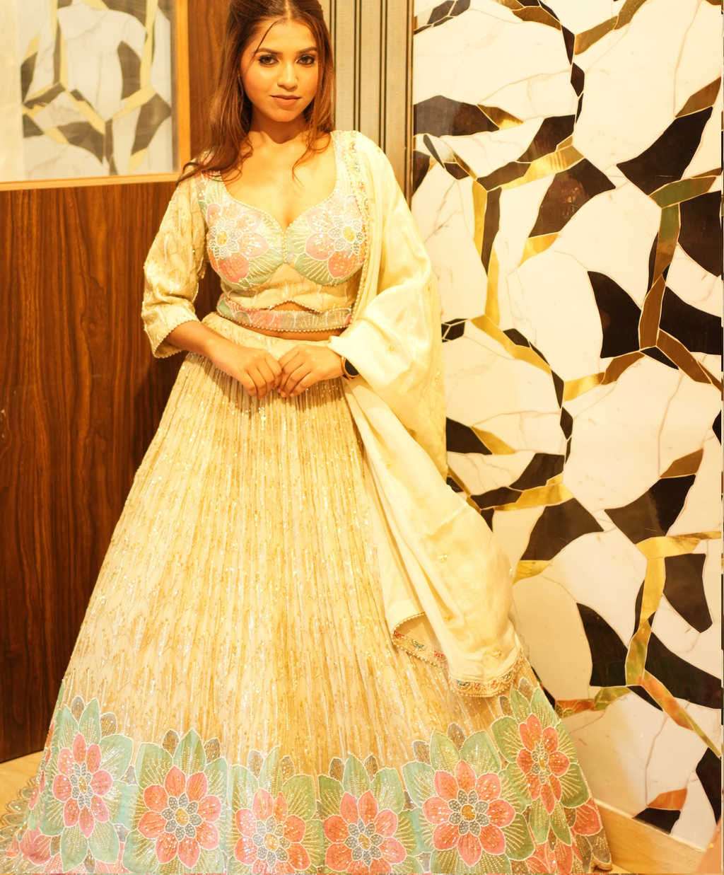 Elegant Cream and Pastel Floral Lehenga