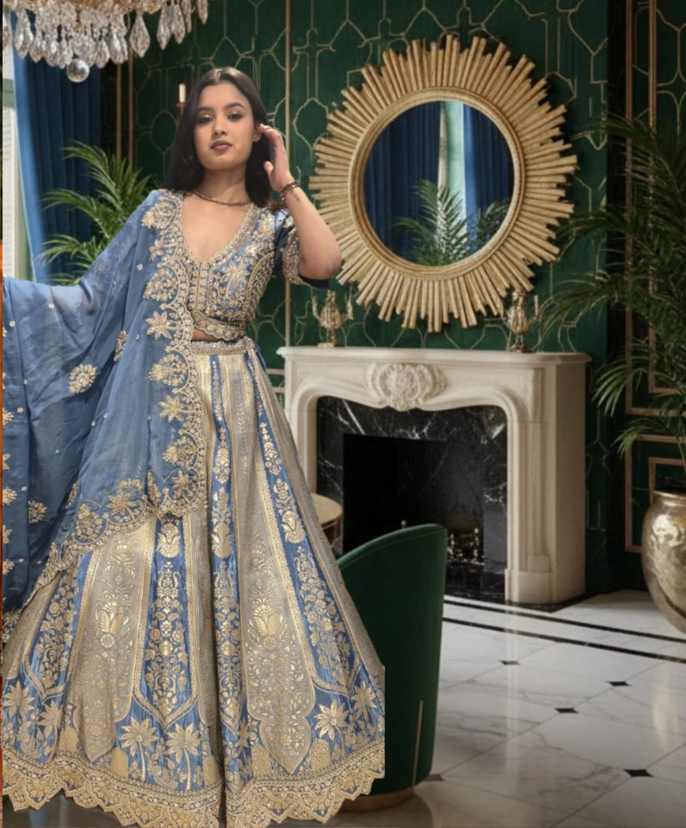 Regal Steel Blue and Gold Banarasi Lehenga