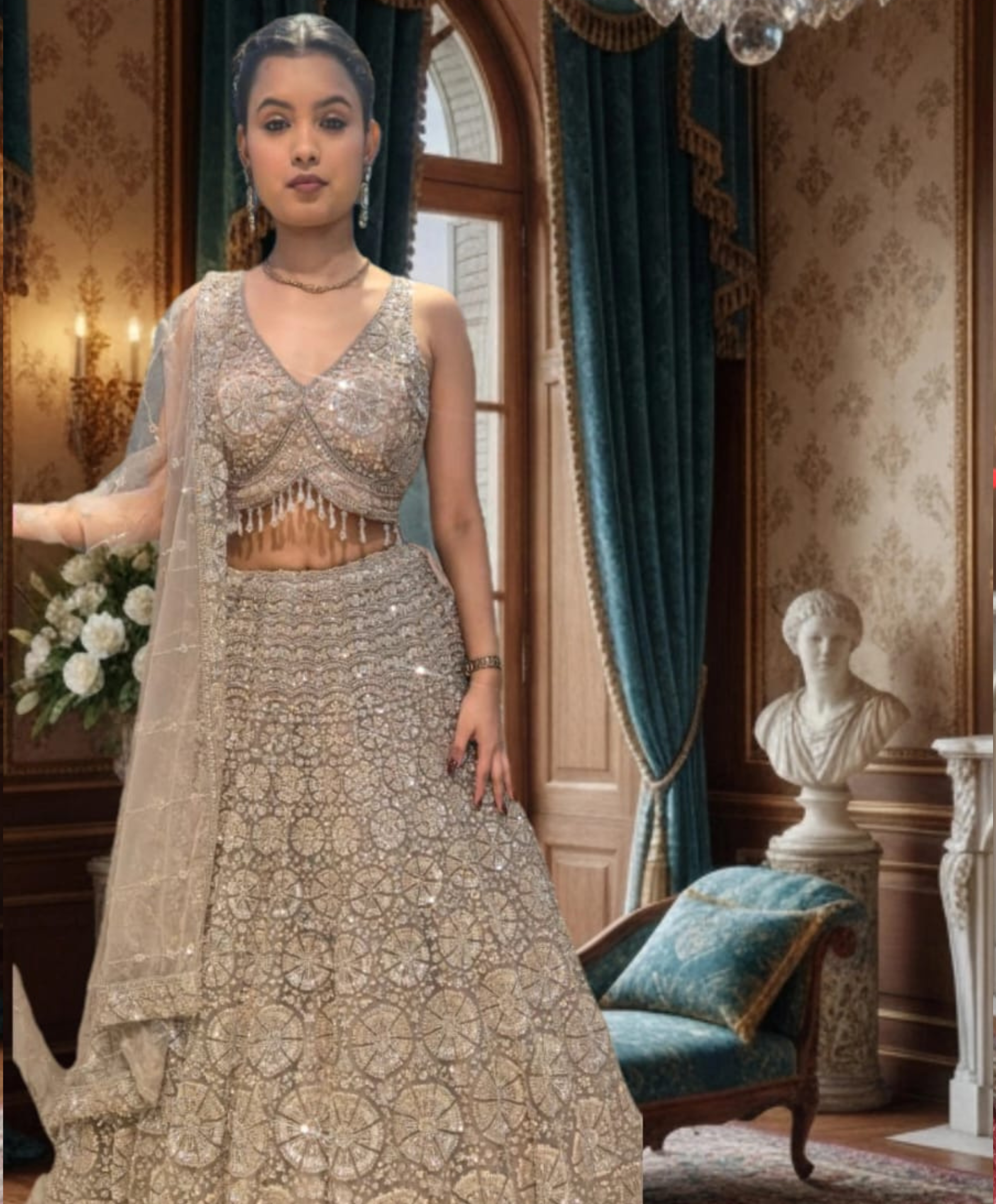 Regal Silver-Grey Hand-Embellished Lehenga
