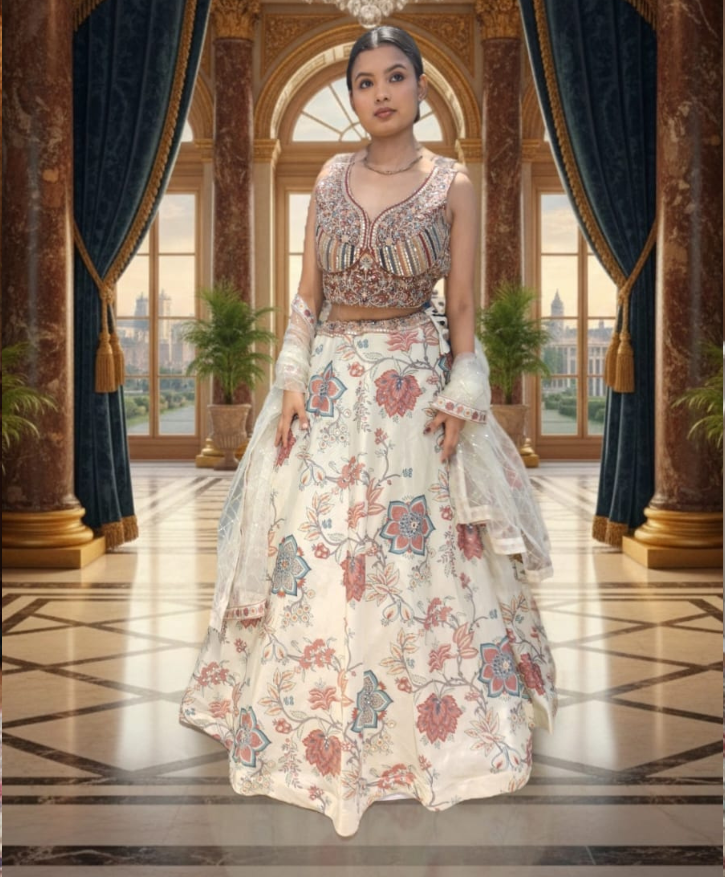 Cream Floral Lehenga Choli Set