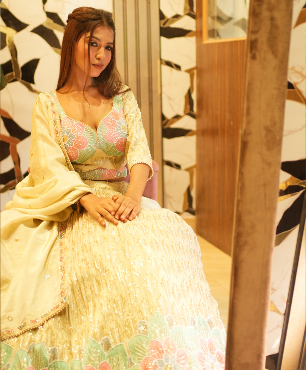 Elegant Cream and Pastel Floral Lehenga