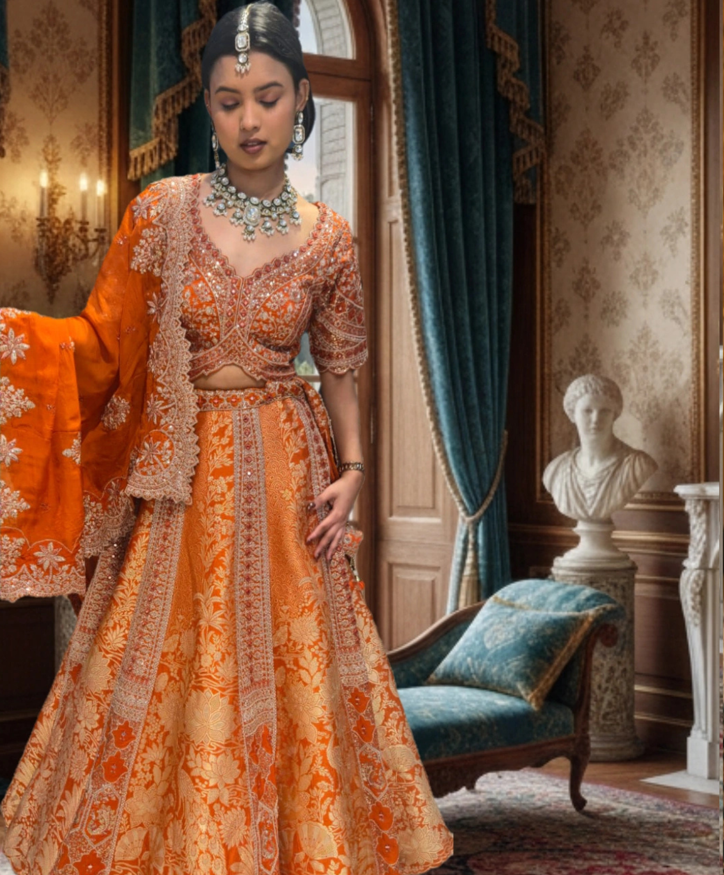 vibrant Rust Orange Banarasi Silk Lehenga