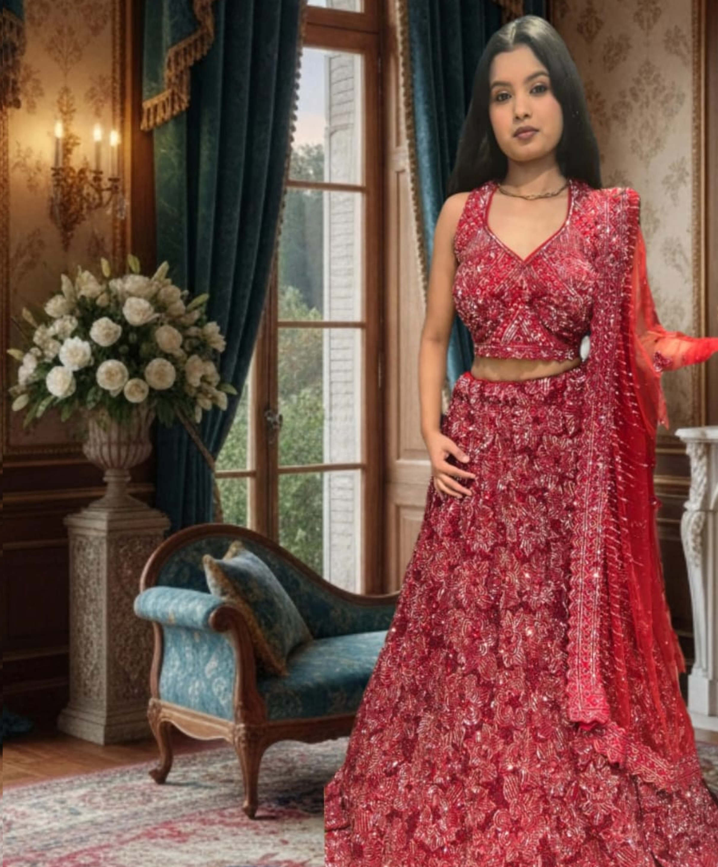 Radiant Crimson Hand-Embellished Lehenga