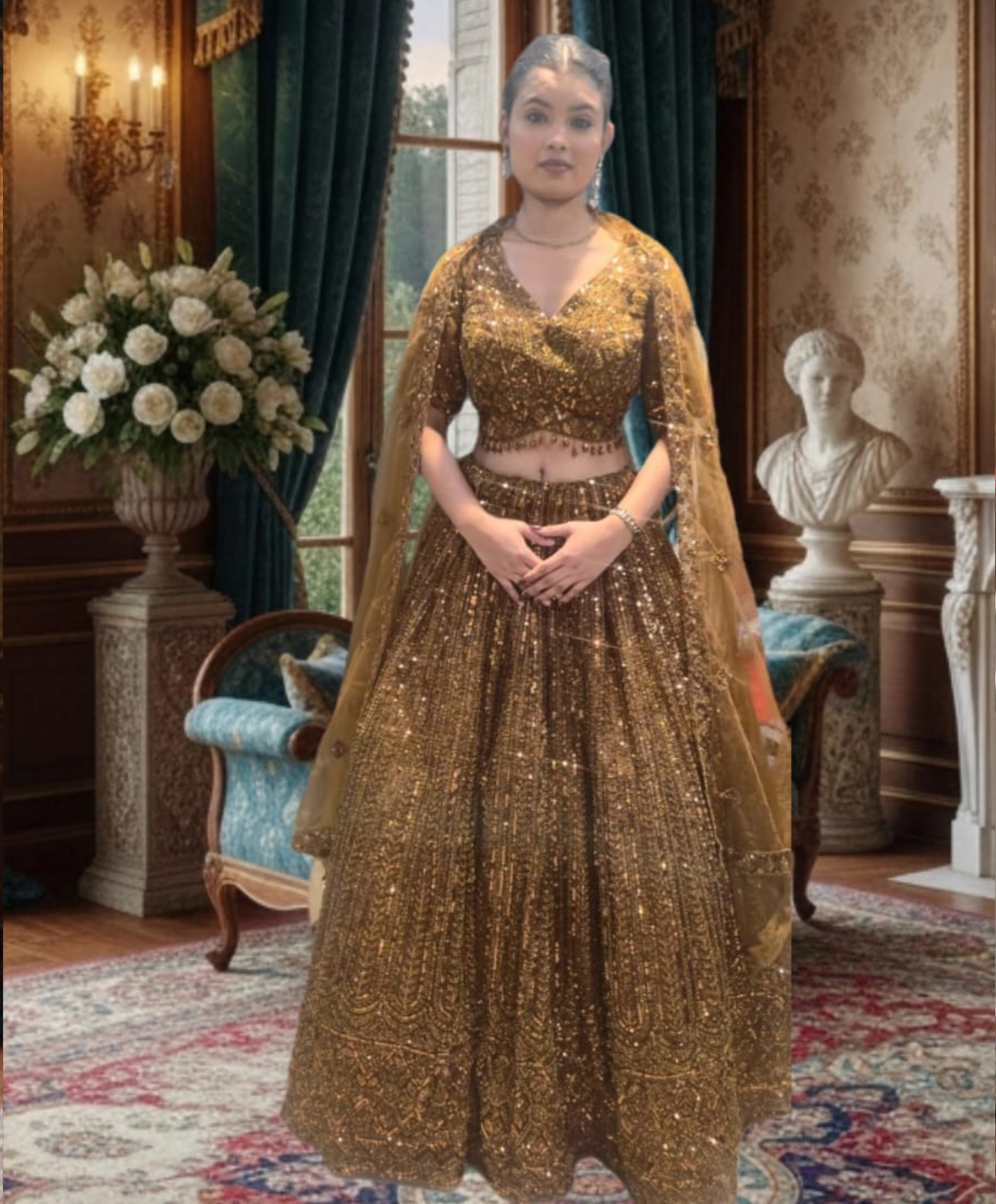 Antique Gold Sequin-Encrusted Lehenga